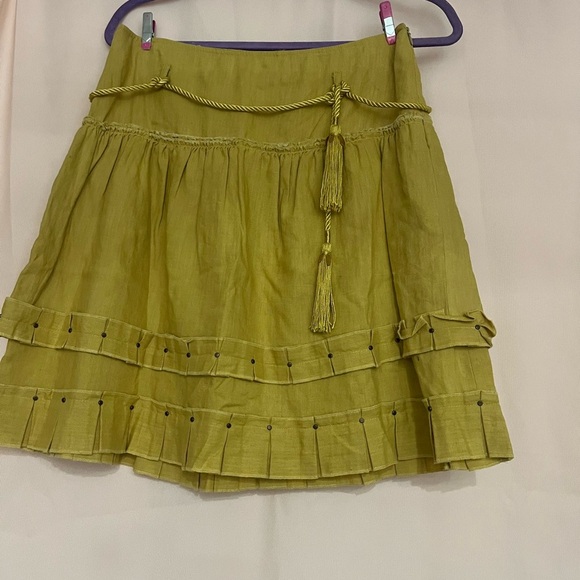 Cynthia Steffe Green Skater Mini Skirt with Pleated Ruffles 100%linen - Picture 1 of 8